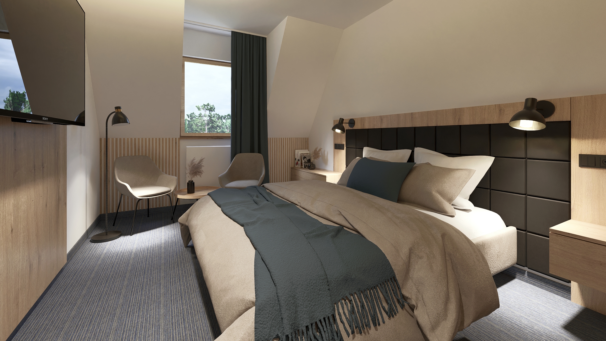 * Předsíň - úložné prostory
* Ložnice - manželská postel
* TV + SAT, telefon, lednička
* Koupelna - sprcha / vana + WC, fén