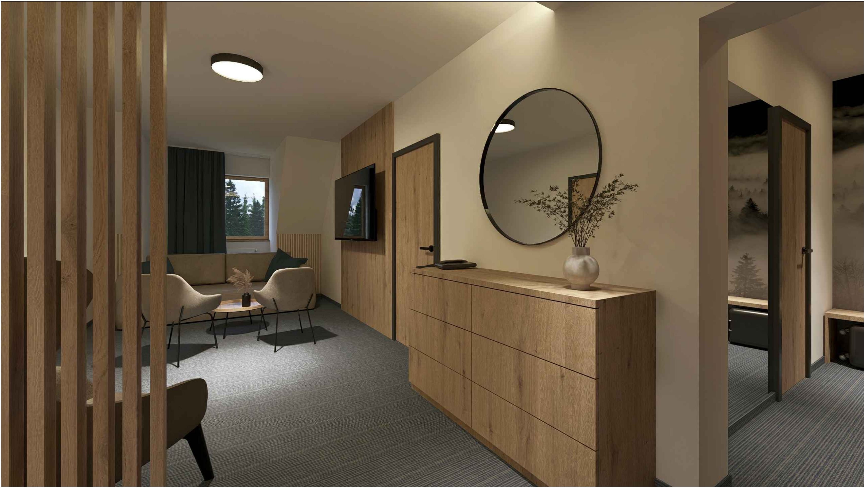 * Předsíň - úložné prostory
* Ložnice - manželská postel
* Obývací pokoj s barem
* LCD TV + SAT, telefon, minibar
* Koupelna - vana / sprcha +, WC, fén