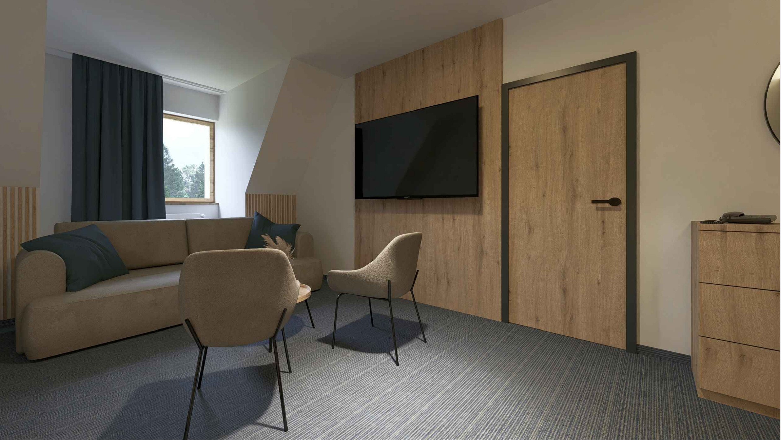 * Předsíň - úložné prostory
* Ložnice - manželská postel
* Obývací pokoj - rozkládací lůžka pro 2 + 1 osobu
* TV + SAT, telefon, lednička, kávový set
* Koupelna - sprcha / vana + WC, fén